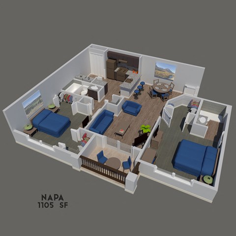 Floor plan for 2 beds, 2 baths, 1105 sqft